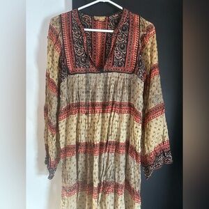 Vintage 60s/70s Indian Cotton Gauze Blockprint Midi Boho Hippie Dress Size L